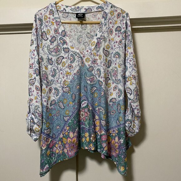 Bobeau long sleeve, beige & teal asymmetrical tunic, size XL - Picture 1 of 10